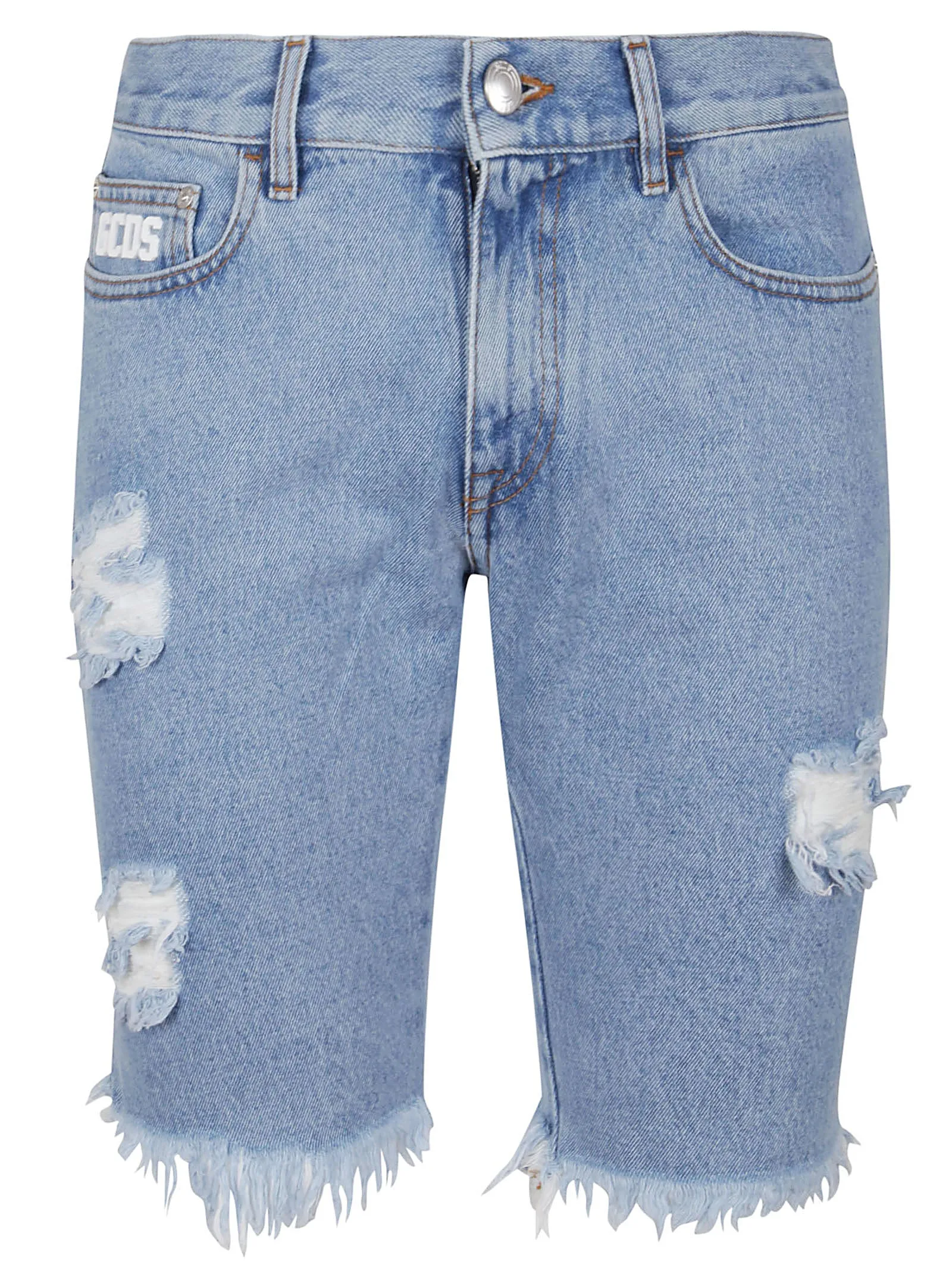 GCDS Logo Patch Distressed Denim Shorts