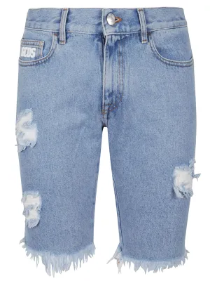 GCDS Logo Patch Distressed Denim Shorts