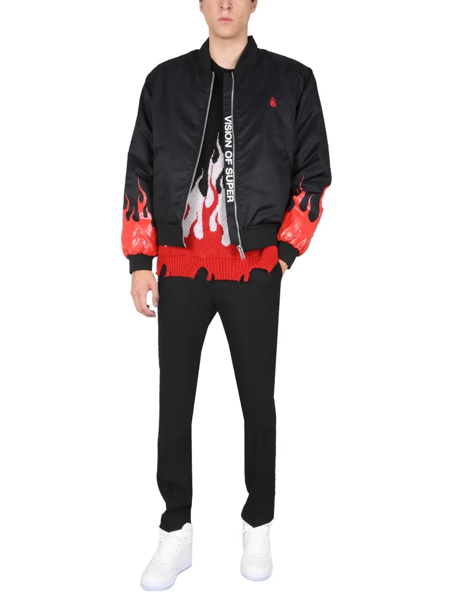 Vision Of Super Flame Print Zipped Bomber Jacket