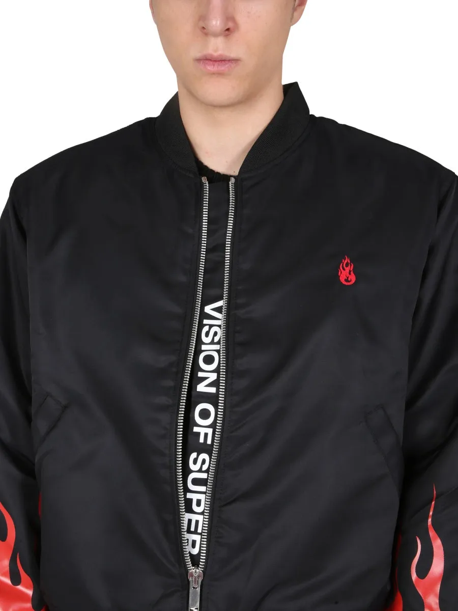 Vision Of Super Flame Print Zipped Bomber Jacket